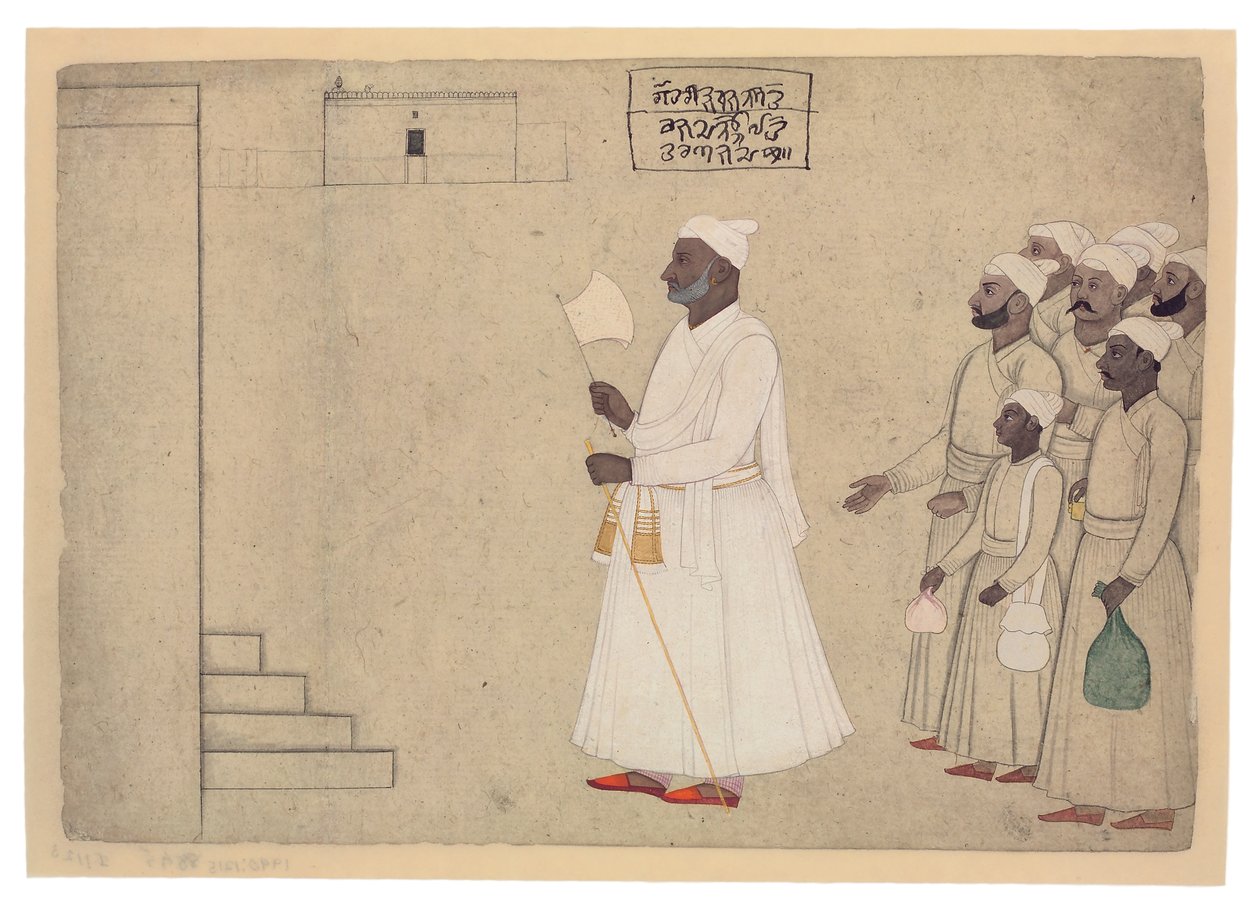 Pandit Hari Saran zbliżający się do pałacu, ok. 1755-60 (nieprzezroczyste wc i złoto na papierze) autorstwa The Family of Nainsukh