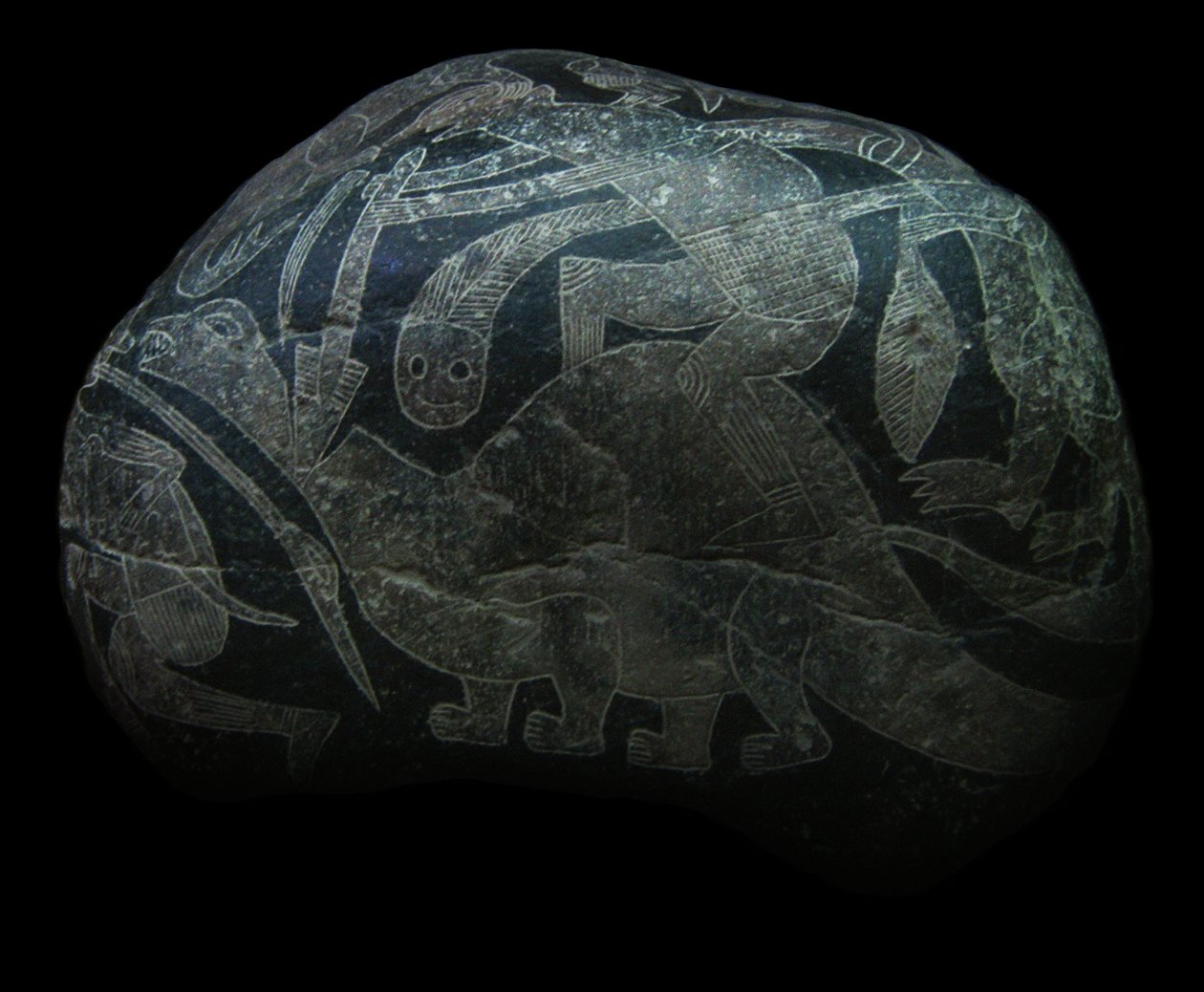 Kamień ica. Człowiek zabijający dinozaura. autorstwa The Ica stones.