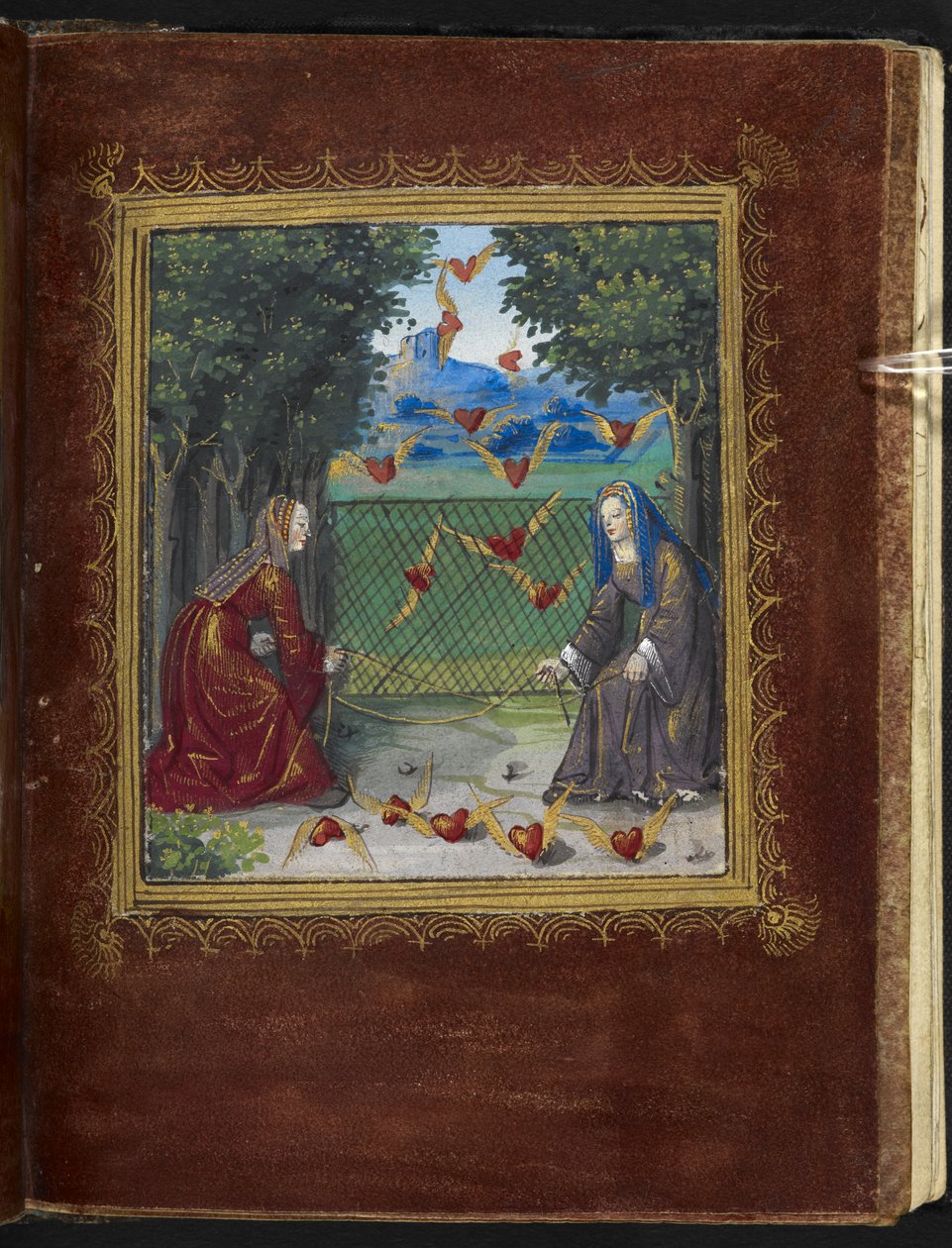 Stowe 955 f.13r Panny i skrzydlate serca, miniatura z „Petit Livre d