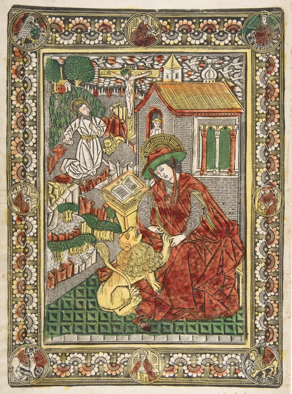 Św. Hieronim w pokucie i jako uczony Wyjmowanie ciernia z lwiej łapy Sch…, ca. 1470-85. autorstwa The Master of the Mountainlike Clouds
