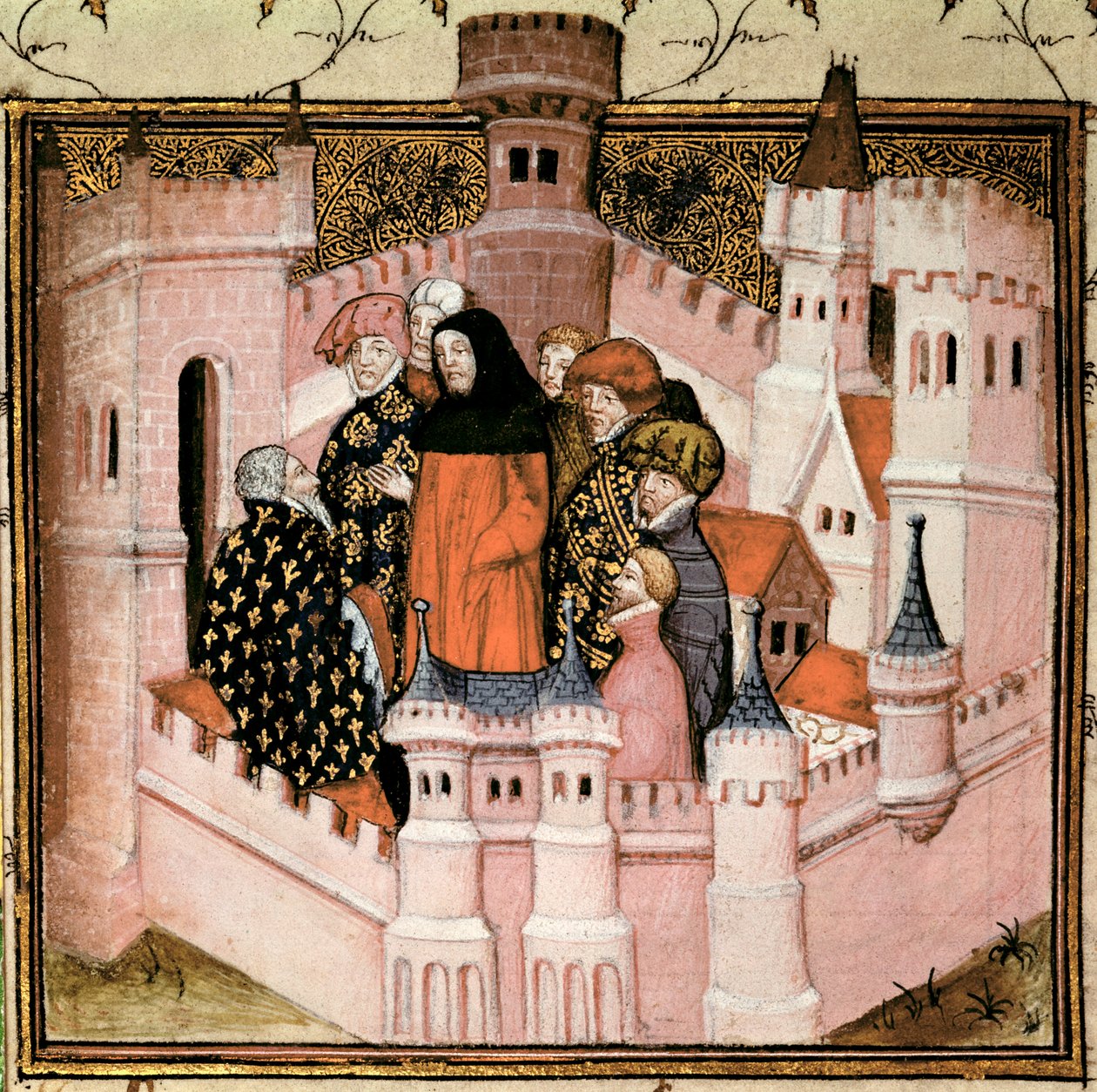 Harl 1319 f.37v Richard II odbiera hrabia Northumberland w Conway, z „Histoire du Roy d