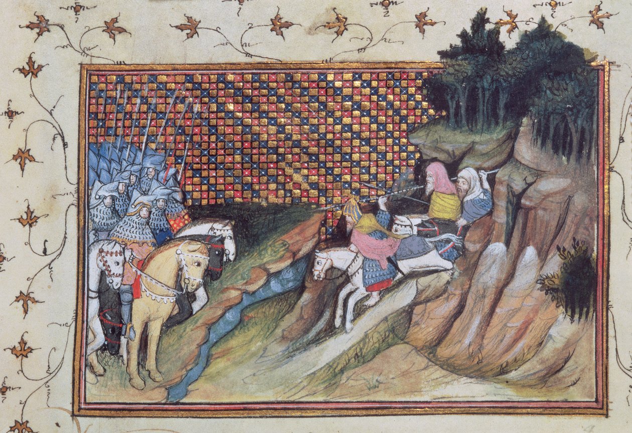Harl 1319 f.9 MacNamara, irlandzki wódz przybywa na naradę z hrabią Gloucester z „Histoire du Roy d