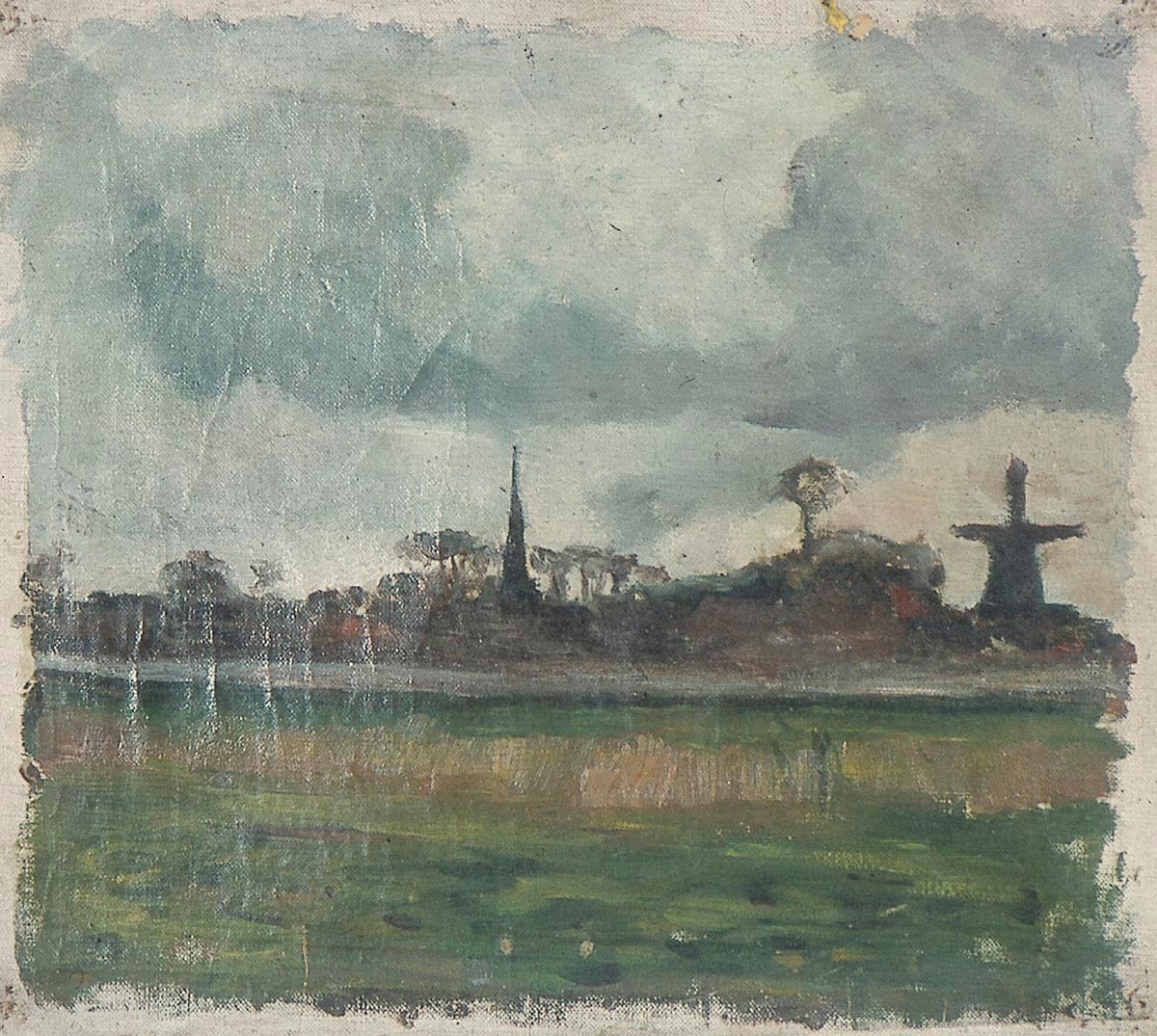 Krajobraz z wiatrakiem i kościołem autorstwa Theo van Doesburg