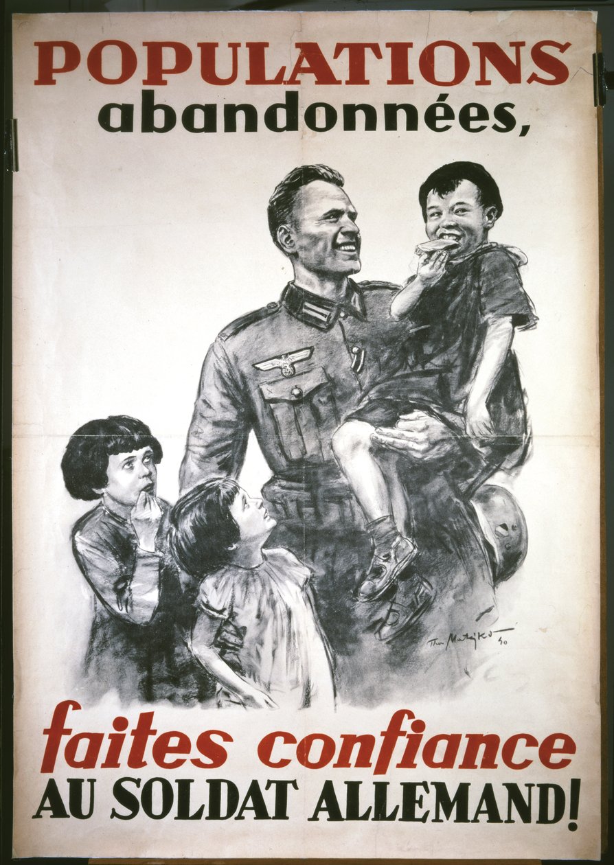 Francuski plakat z początku niemieckiej okupacji w czerwcu 1940 roku: "Faites confiance au soldat Allemand" ("Zaufaj żołnierzowi Allemandowi"). autorstwa Theo Matejko