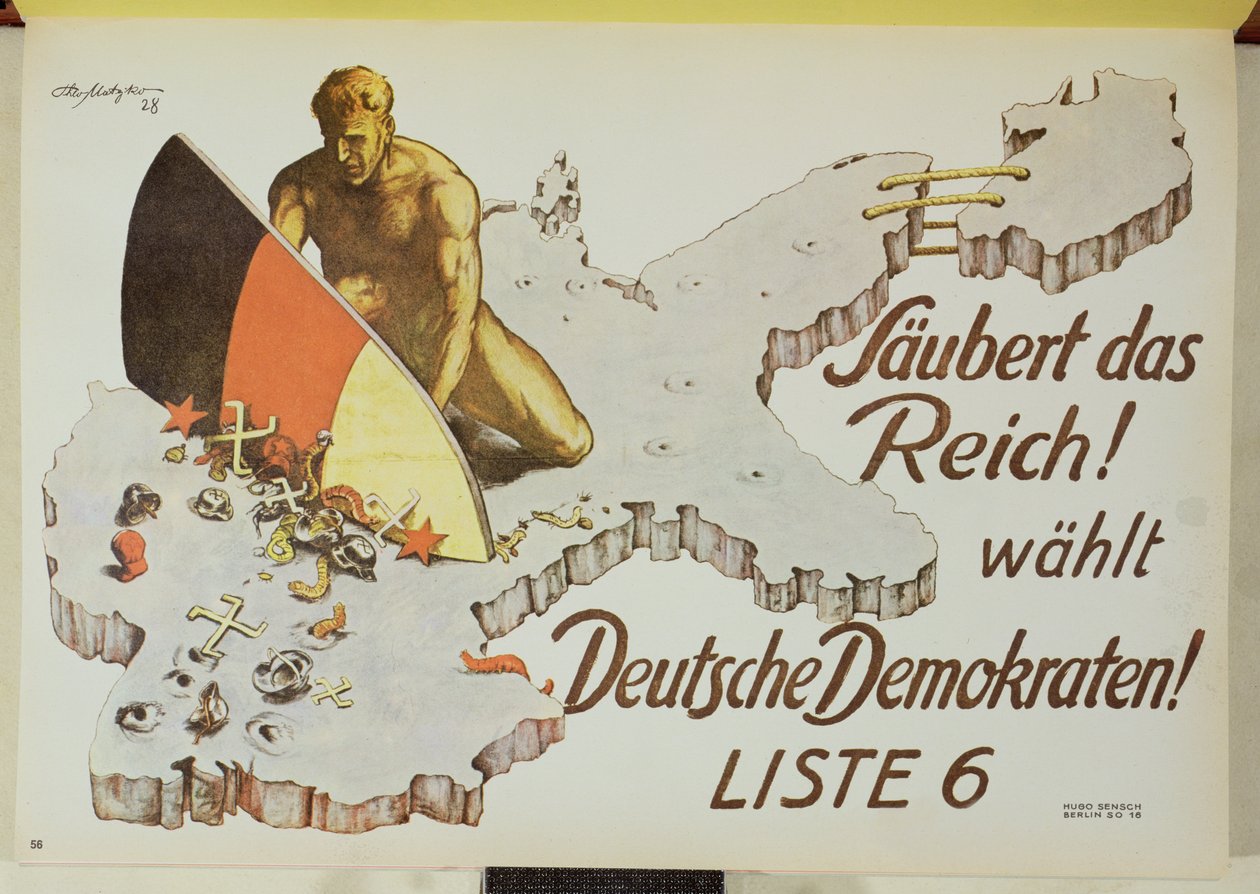 Plakat wzywający wyborców do oczyszczenia Rzeszy poprzez głosowanie na niemieckich Demokratów: „Posprzątajcie Rzeszę, wybierzcie niemieckich Demokratów” autorstwa Theo Matejko
