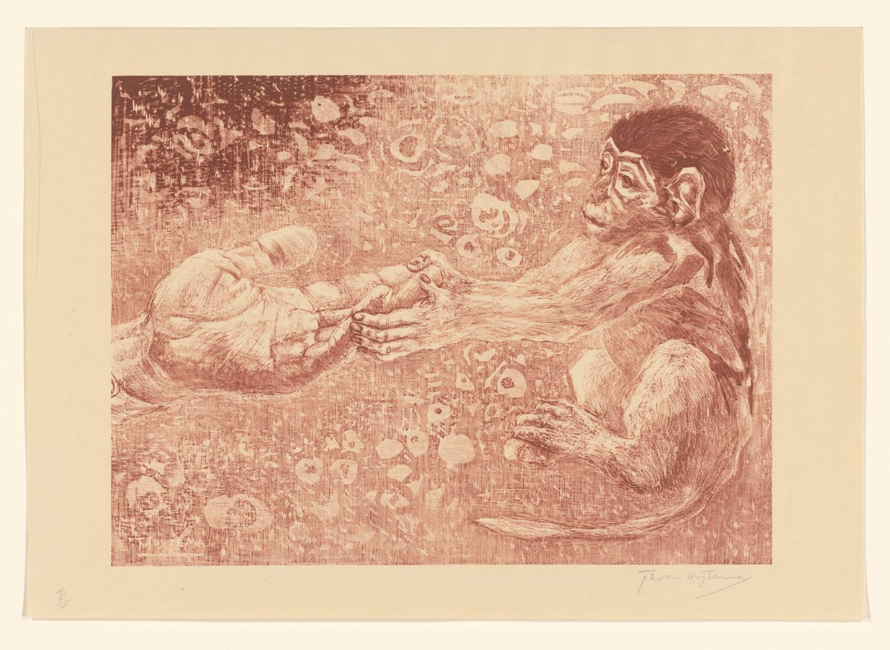 Małpa biorąca wyciągniętą rękę autorstwa Theo van Hoytema (signed by artist)