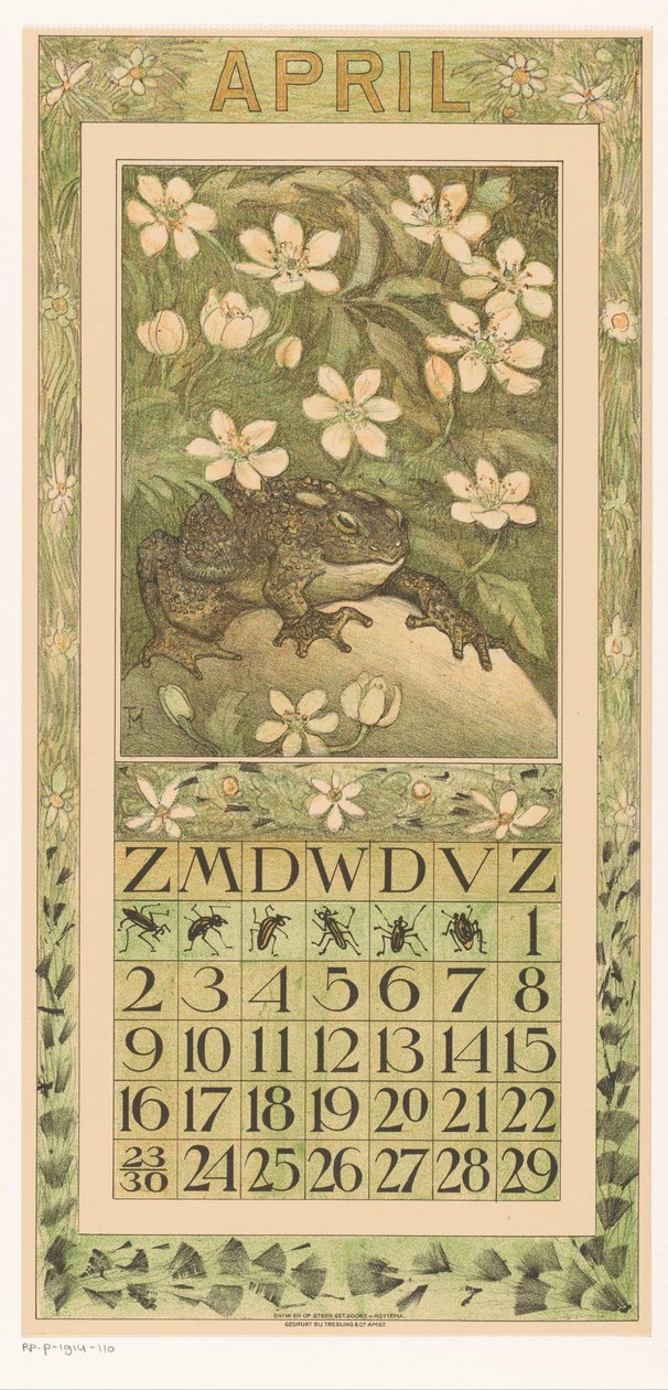Arkusz kalendarza kwietnia z żabą Kalendarz 1911 12 litografii Th. v. Hoytema (tytuł serii) Ścieżka pod kwiatami autorstwa Theo van Hoytema