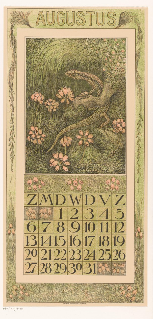 Strona kalendarza sierpnia z jaszczurką i wrzosem Kalendarz 1911 12 litografii Th. v. Hoytema (tytuł serii) autorstwa Theo van Hoytema