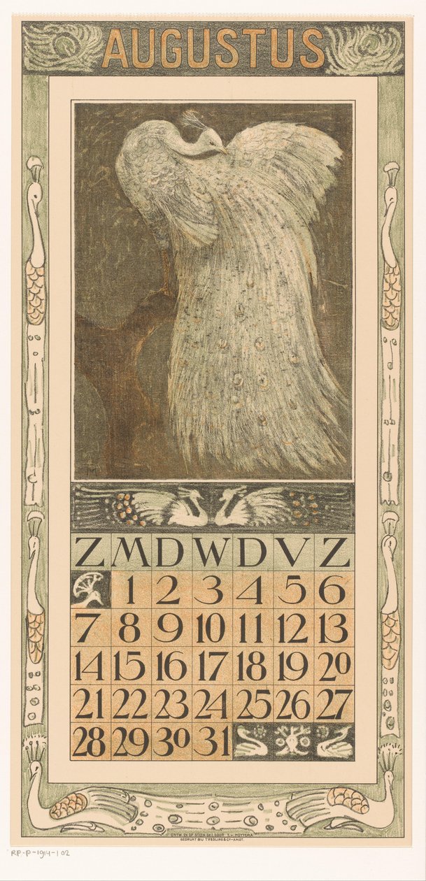 Strona kalendarza sierpnia z białym pawiem Kalendarz 1910 12 litografii Th. v. Hoytema (tytuł serii) autorstwa Theo van Hoytema