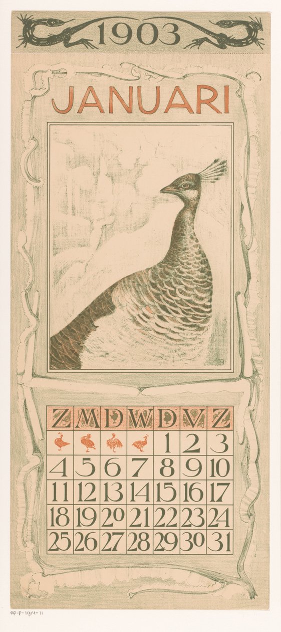 Kalendarz styczniowy z pawiem Kalendarz 1903 12 litografii Th. v. Hoytema (tytuł serii) autorstwa Theo van Hoytema