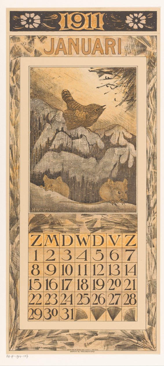 Kalendarz styczniowy ze strzyżykiem i myszami Kalendarz 1911 12 litografii Th. v. Hoytema (tytuł serii) autorstwa Theo van Hoytema