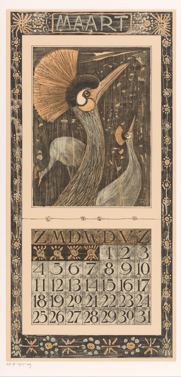 Arkusz kalendarza Marzec z żurawiami koronowymi Litografia Kalendarz 1906 12 autorstwa Th. v. Hoytema (tytuł serii) autorstwa Theo van Hoytema