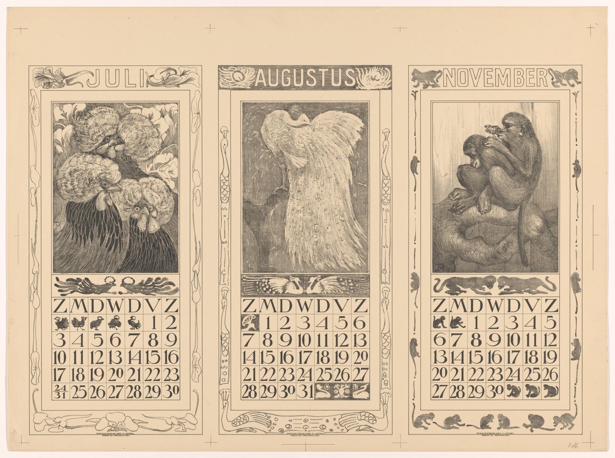 Kalendarze na lipiec, sierpień i listopad 1910 autorstwa Theo van Hoytema