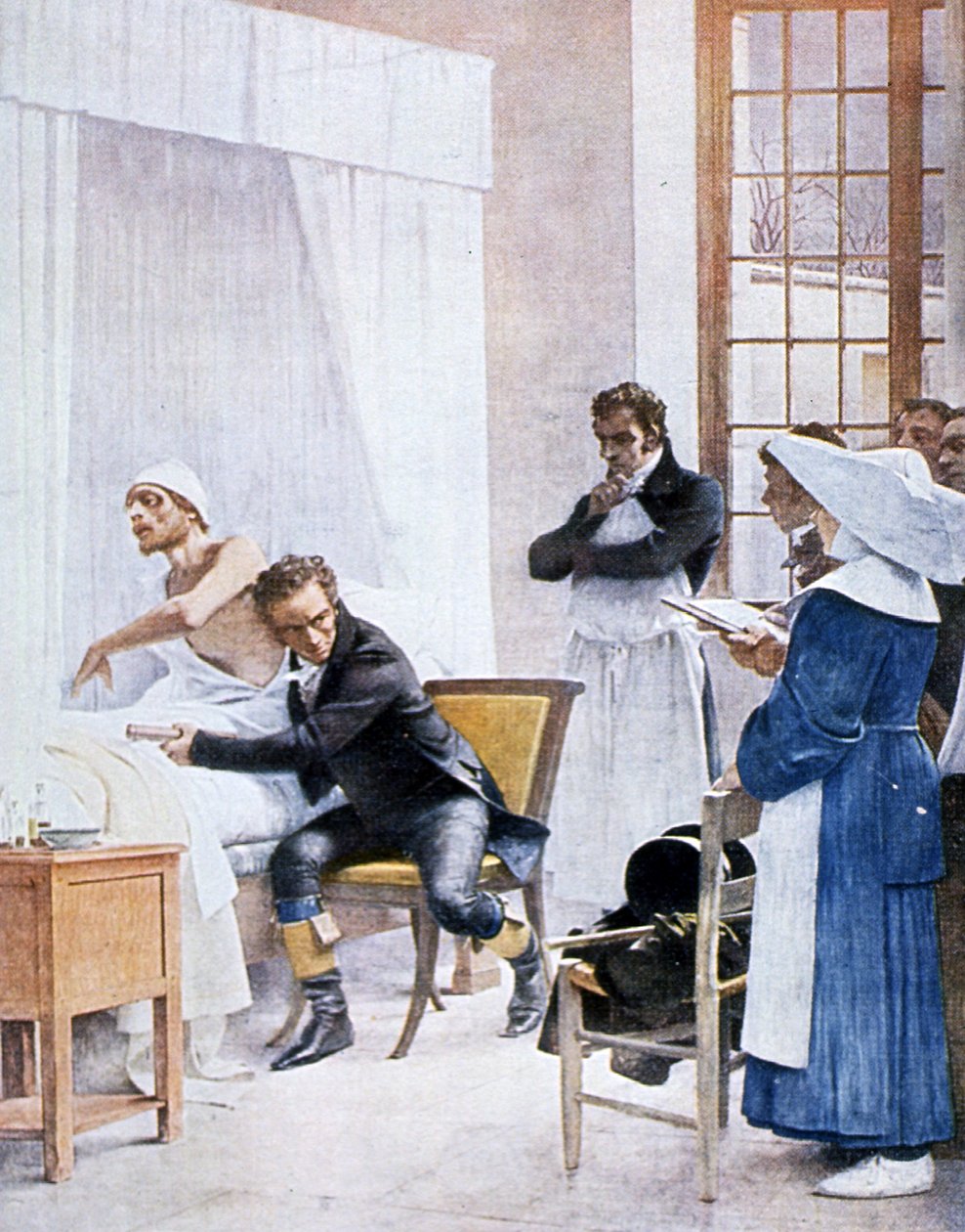 Rene Laënnec (1781-1826) słuchanie klatki piersiowej mężczyzny z konsumpcją, w szpitalu Necker, 1816 autorstwa Theobald Chartran