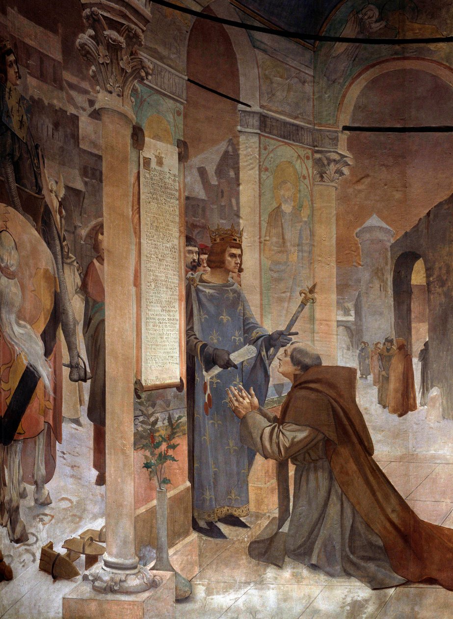 Król Ludwik IX (Saint Louis) (1214-1270) przedstawia Robertowi de Sorbon (1201-1274) swojemu spowiednikowi Statut Kolegium Sorbońskiego w 1257 Obraz Theobald Chartran (1849-1907) Paryż, La Sorbonne autorstwa Theobald Chartran