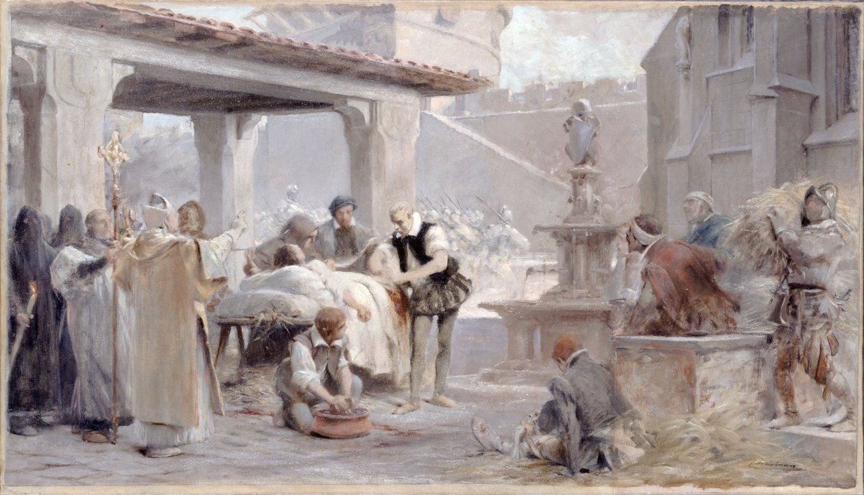 Szkic schodów na Sorbonę: Ambroise Paré podczas oblężenia Metzu, ok. 1888 (ołówek, olej na płótnie) autorstwa Theobald Chartran
