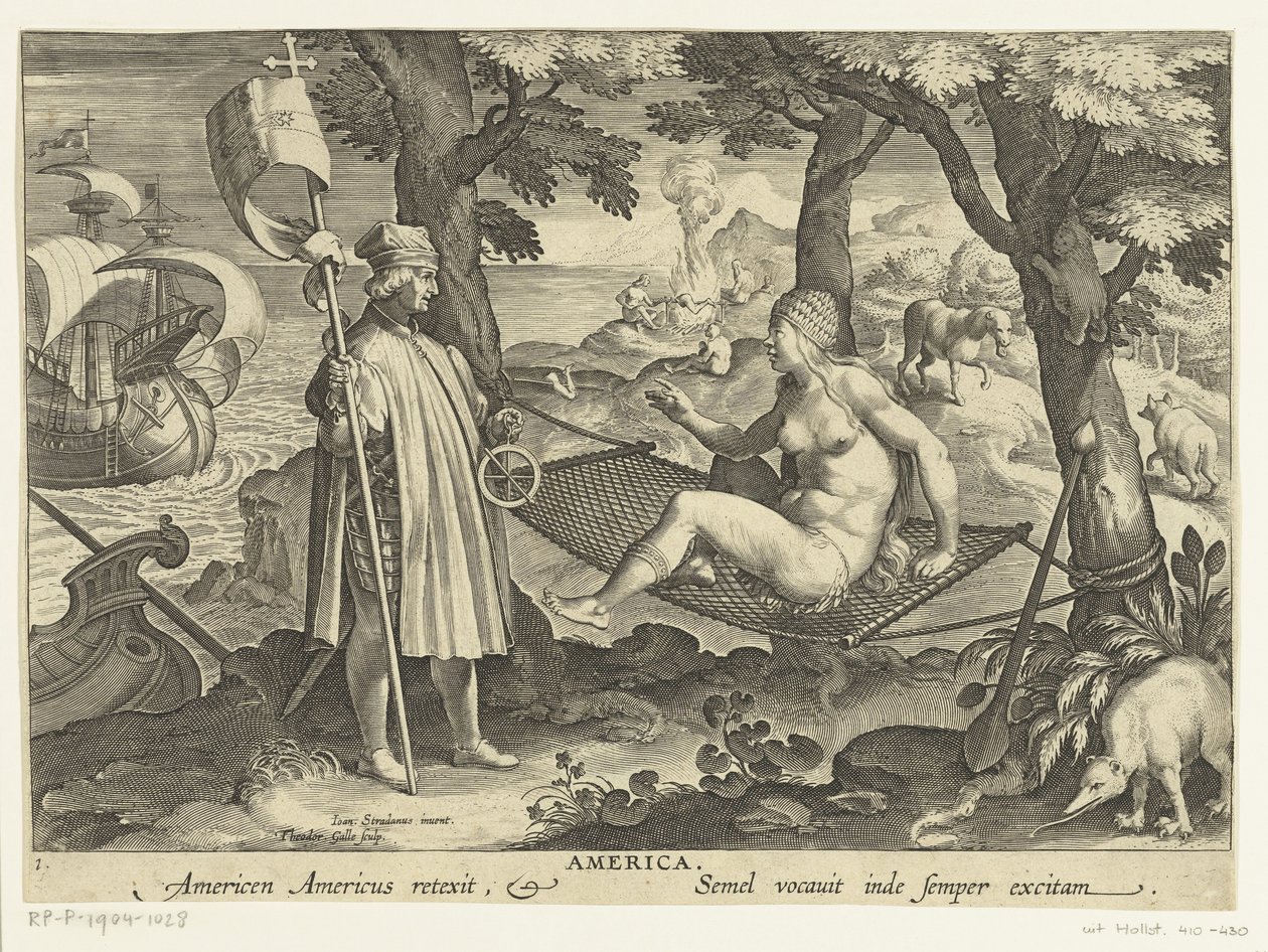 Amerigo Vespucci stawia stopę w Ameryce Ameryka. Ameryk reexit dla obu Ameryk. Semel vocauit inde semper excitam (tytuł na przedmiocie) Nowe wynalazki i odkrycia (tytuł serii) Nova Reperta (tytuł serii) autorstwa Theodoor Galle