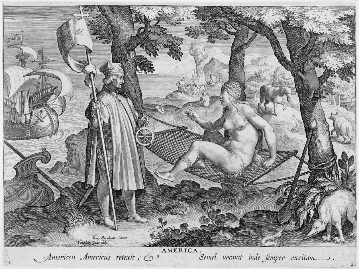 Kolumb „odkrywający Amerykę”, 1492, c1600 autorstwa Theodoor Galle