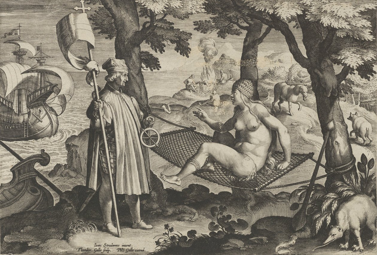 Nowe wynalazki współczesności [Nova Reperta], Odkrycie Ameryki, płyta 1, ca. ...,ok. 1600. autorstwa Theodoor Galle