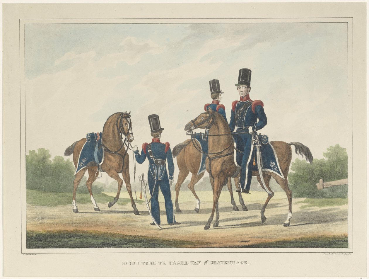 Strzelcy na koniach w Hadze, 1830 Karabin na koniu w Hadze (tytuł na obiekcie) autorstwa Theodoor Soeterik