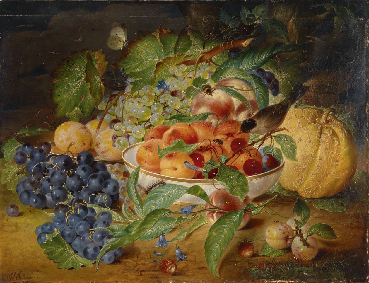 Martwa natura owocowa z winogronami, brzoskwinią i dynią autorstwa Theodor Mattenheimer