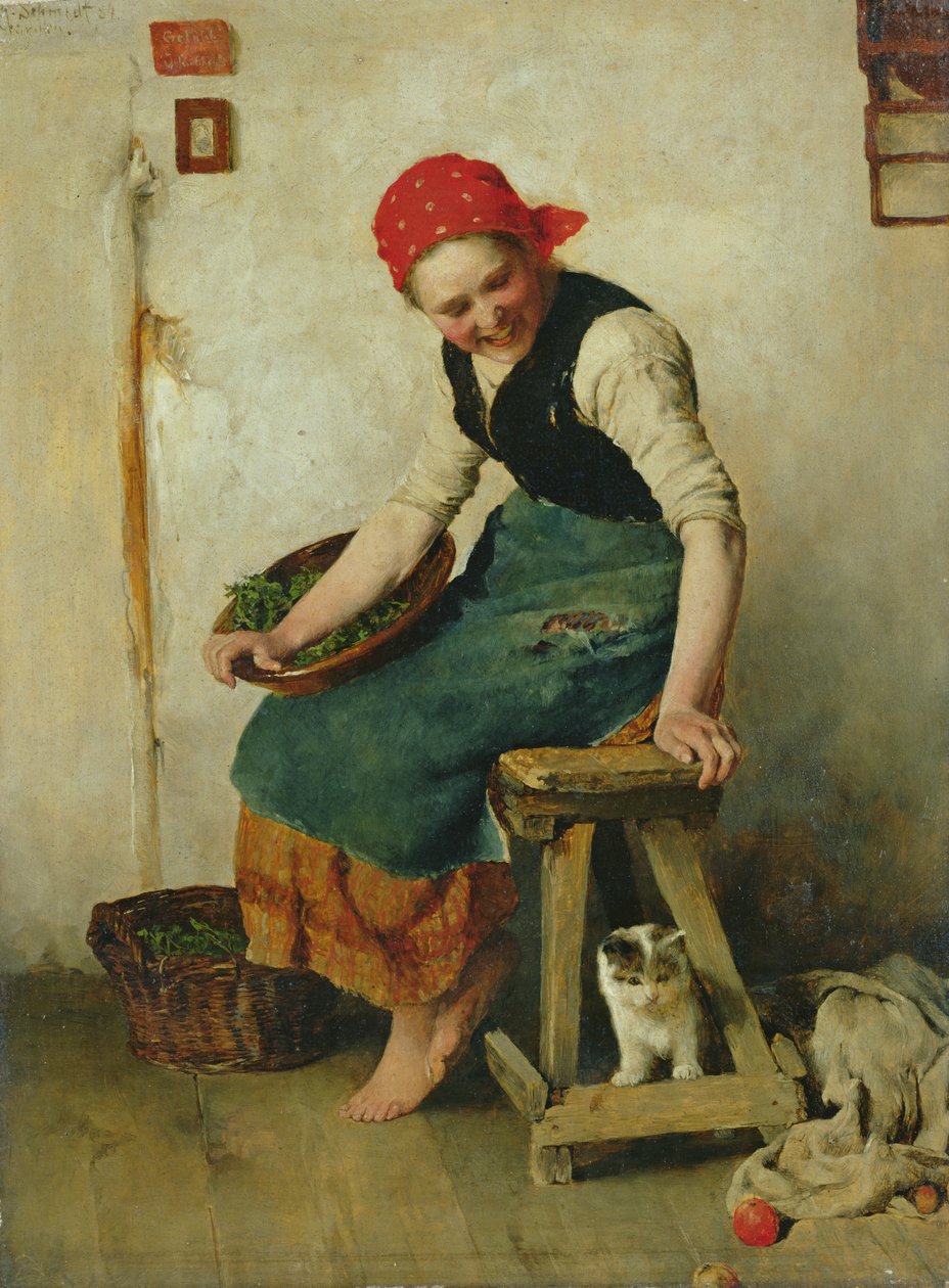 Młoda dziewczyna z kotem, 1884 (olej na papierze) autorstwa Theodor Schmidt