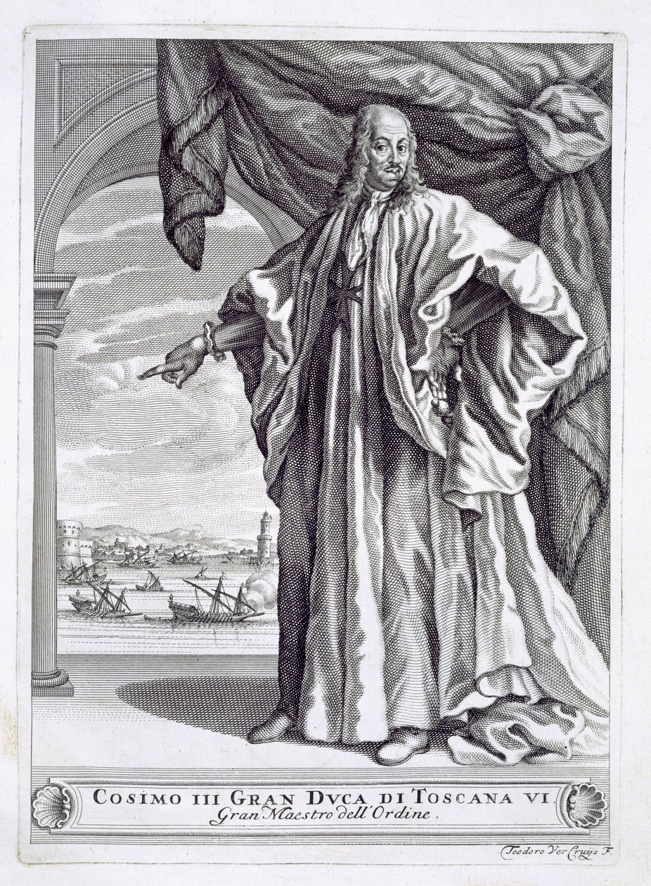 Portret Cosimo III de Medici (1642-1723), frontyspis z I Pregi della Toscana, autorstwa Fulvio Fontany, opublikowany 1701 autorstwa Theodor Verkruis