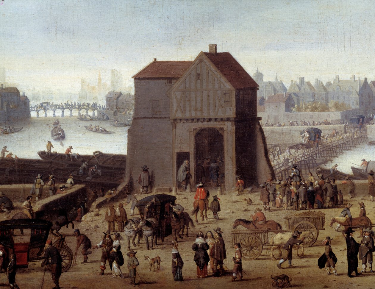 Molo i most Tournelle Detail. Karosy i przechodnie w dokach. Obraz przypisywany Theodorowi Mathamowi (1606-1676) 1646 Paryż, musee Carnavalet autorstwa Theodor (attr. to) Matham