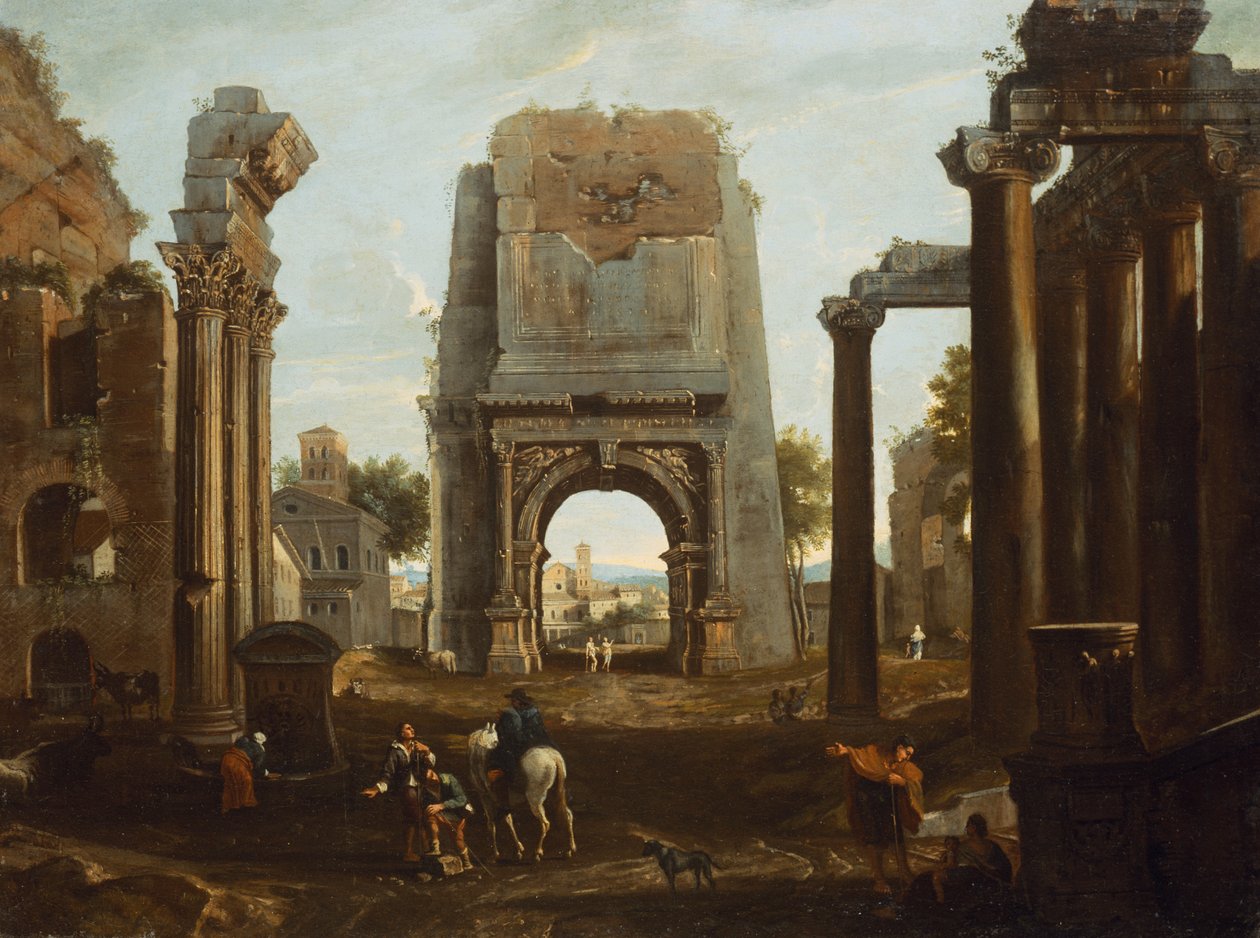 Kaprys rzymskich ruin z łukiem Tytusa i figurami (olej) autorstwa Theodor (circle of) Helmbreker