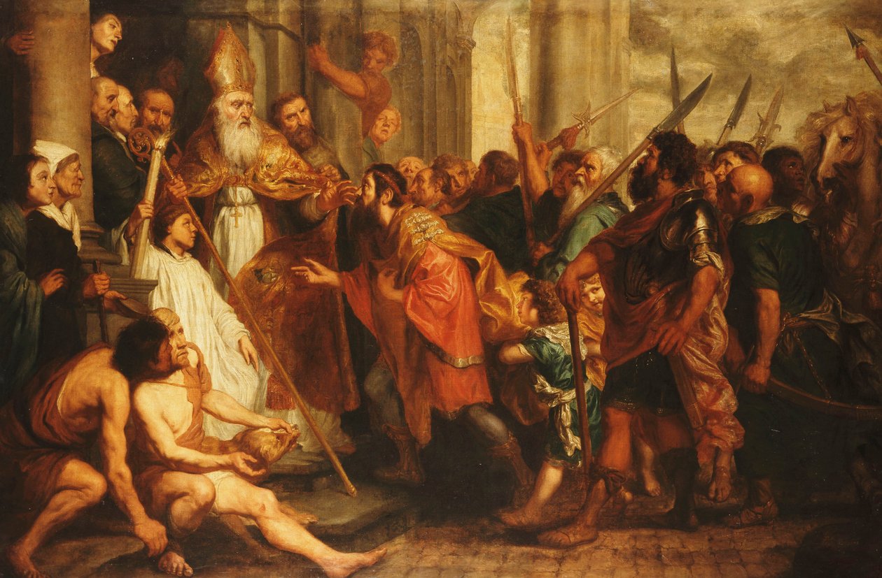 Św. Ambroży, biskup Mediolanu, odmawiający przyjęcia cesarza Teodozjusza do katedry w Mediolanie autorstwa Theodor Boeyermans