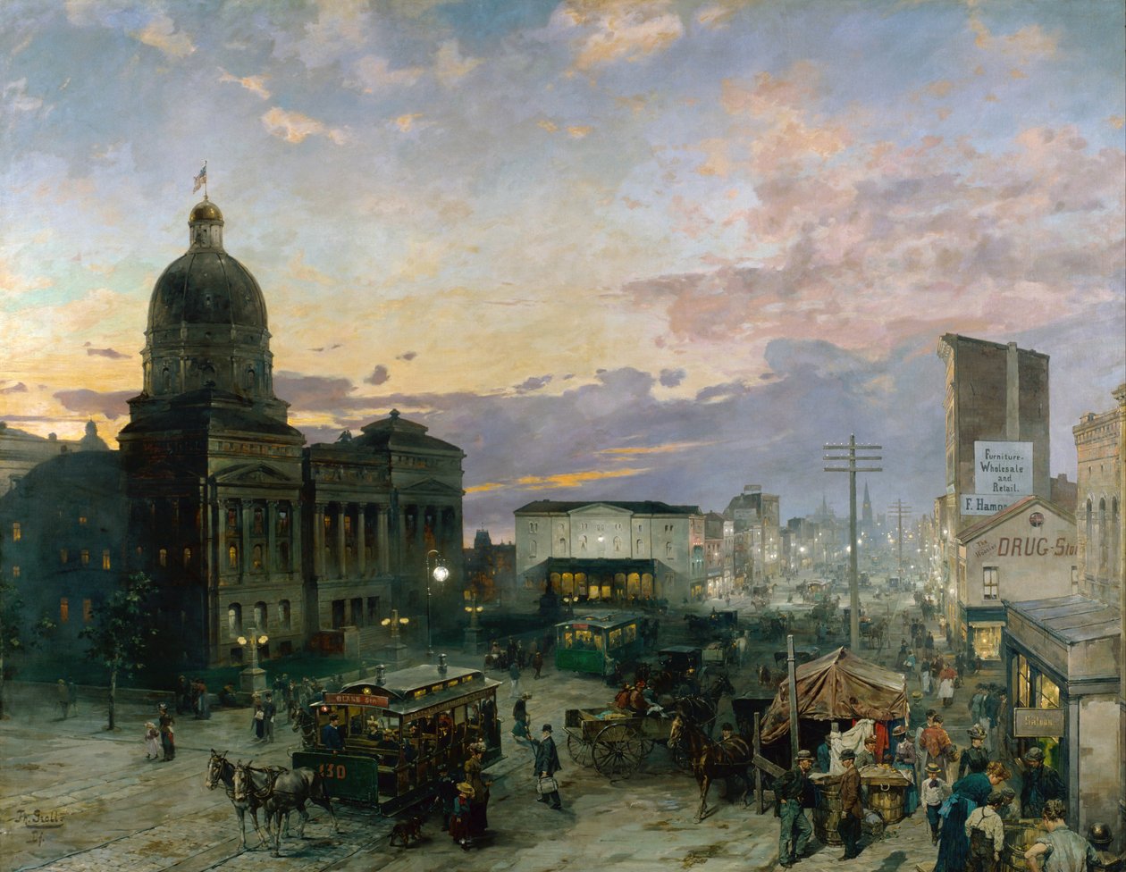 „Widok na ulicę Waszyngtona w Indianapolis o zmierzchu” Obraz Theodora Grolla (1857-1913) 1892-1895 Muzeum Sztuki Indianapolis Indiana Stany Zjednoczone autorstwa Theodor Groll