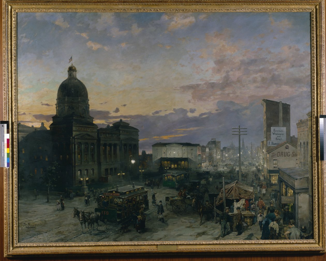 Washington Street, Indianapolis o zmierzchu (olej na płótnie) autorstwa Theodor Groll