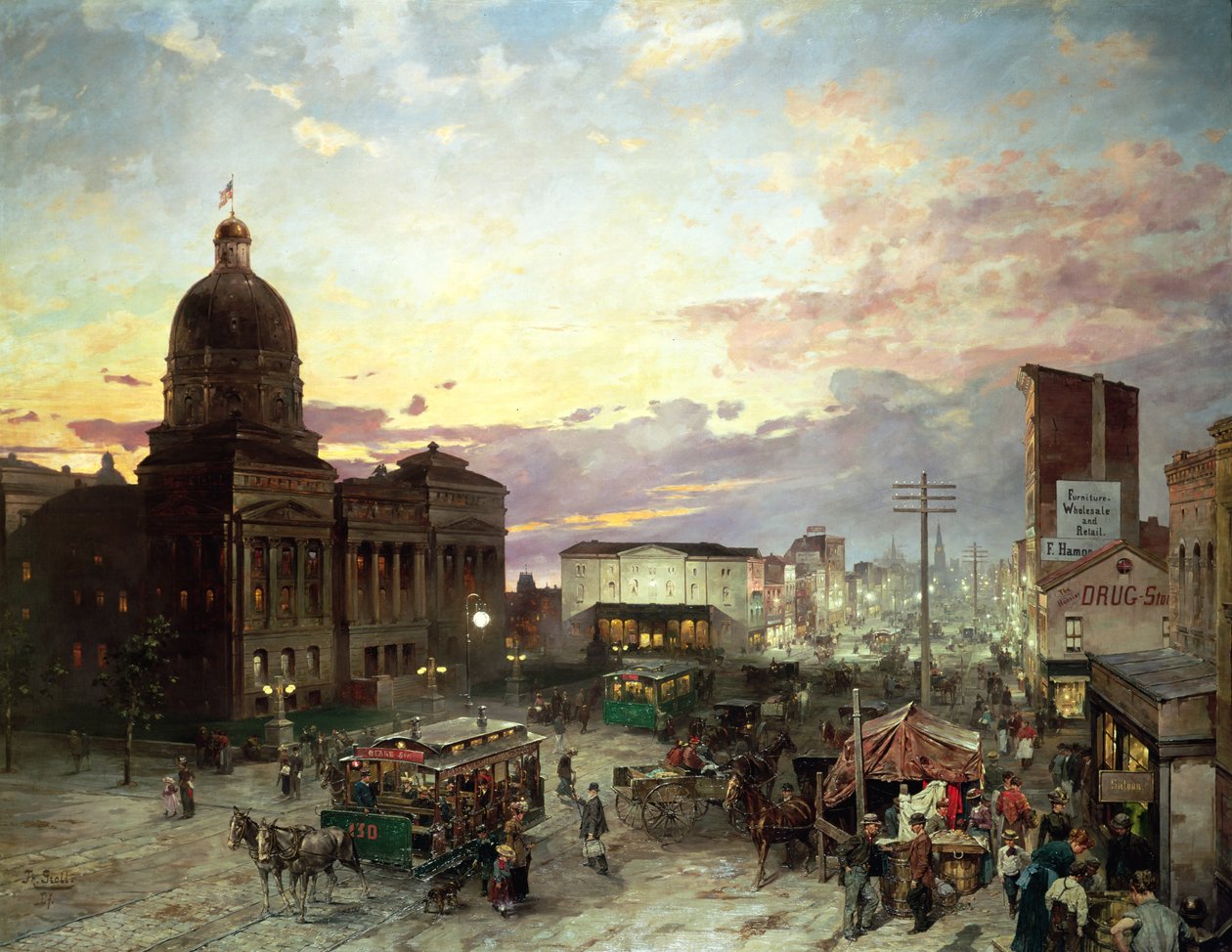 Washington Street, Indianapolis o zmierzchu (olej na płótnie) autorstwa Theodor Groll