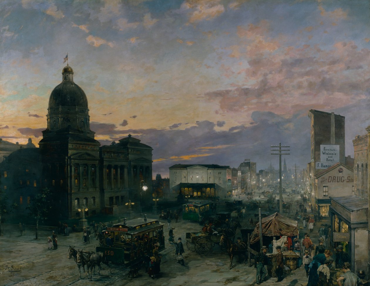 Washington Street, Indianapolis o zmierzchu autorstwa Theodor Groll