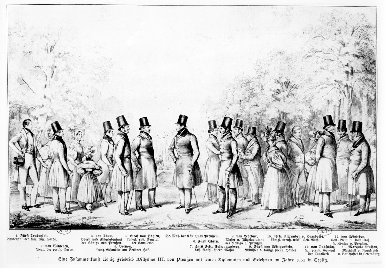 Król Prus Fryderyk Wilhelm III spotkanie z dyplomatami, żołnierzami i uczonymi w uzdrowisku Teplitz w latach 1833, 1833 autorstwa Theodor Hosemann