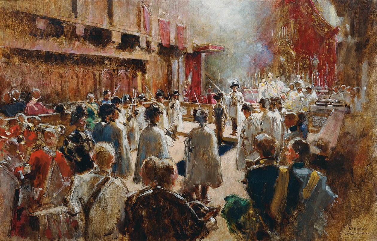 Wyróżnienie hrabiego Boos-Waldeck przez wielkiego mistrza krzyżackiego arcyksięcia Eugeniusza w Hofkirche w Innsbrucku autorstwa Theodor Josef Ethofer