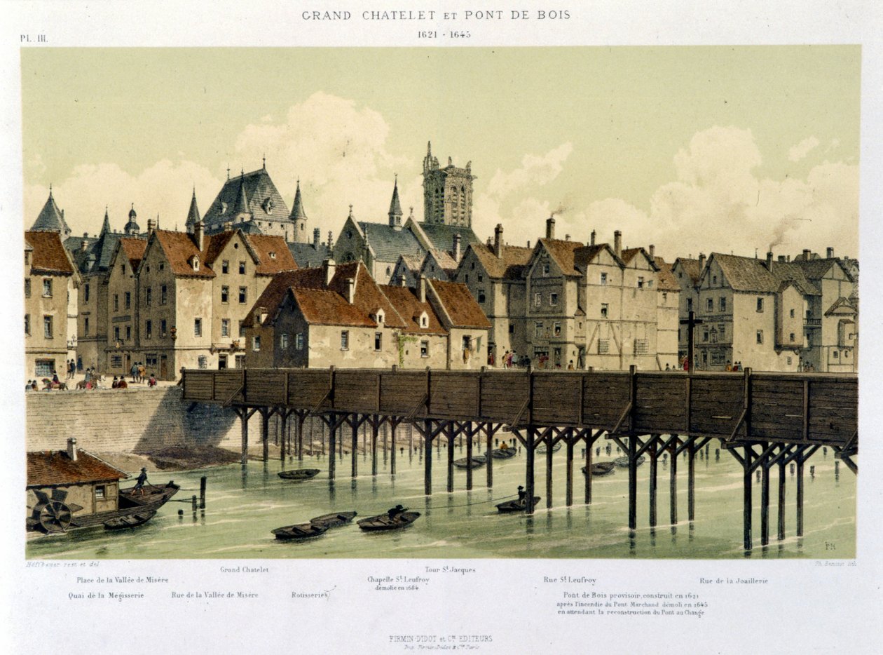 Duży Châtelet i drewniany most (1621-1643) – w „Paryżu od XIII wieku do współczesności” Hoffbauera, wyd. Firmin Didot i Cie autorstwa Theodor Josef Hubert Hoffbauer