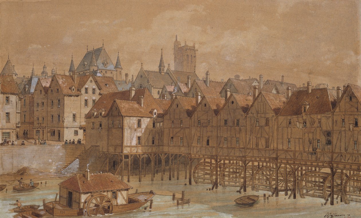 Grand Chatelet i Pont aux Meuniers (pióro, atrament i toaleta na papierze) autorstwa Theodor Josef Hubert Hoffbauer