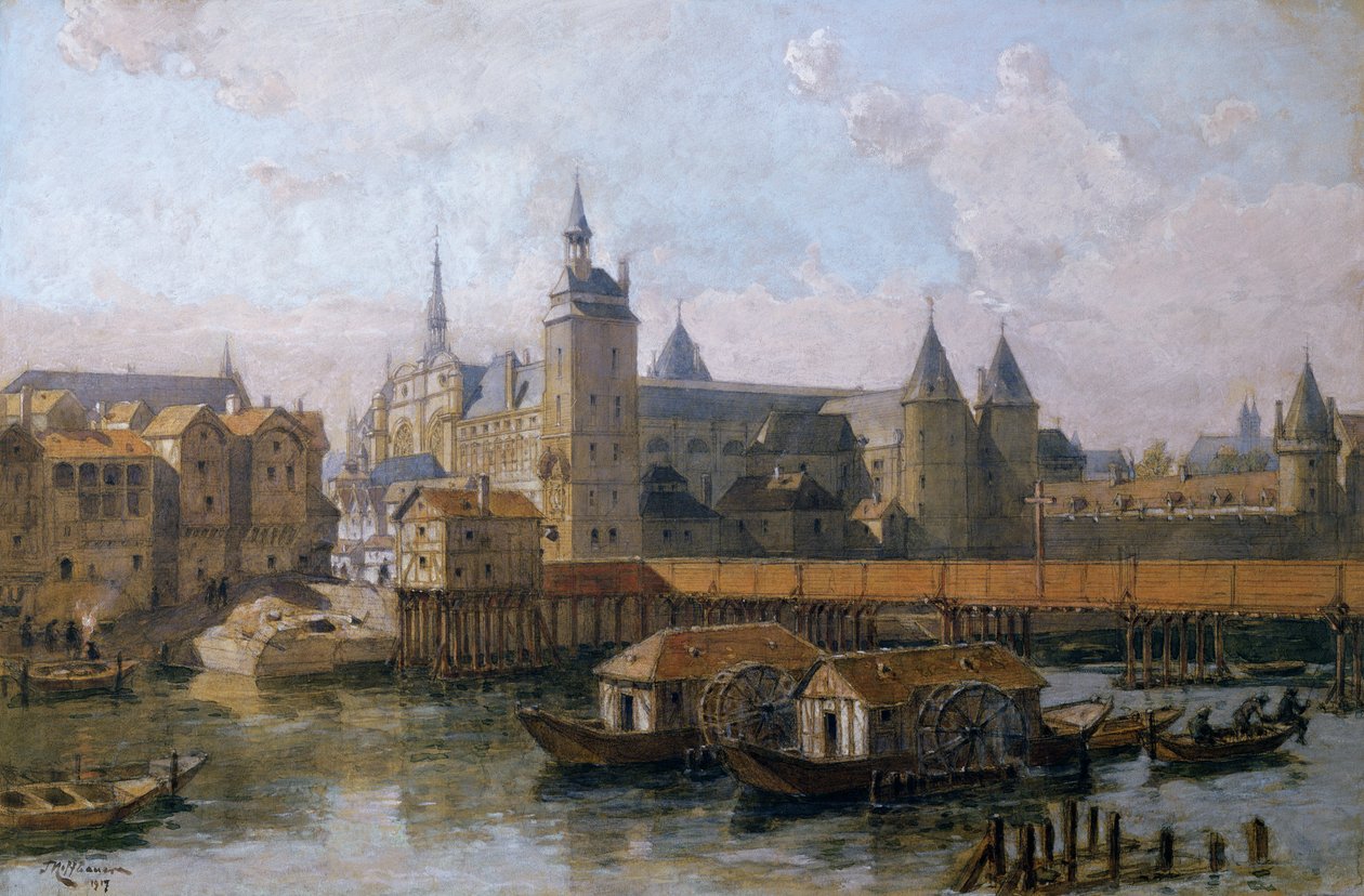 Ile de la Cite i Palais de Justice (dawniej Palais Royal) w XVI wieku, 1917 autorstwa Theodor Josef Hubert Hoffbauer