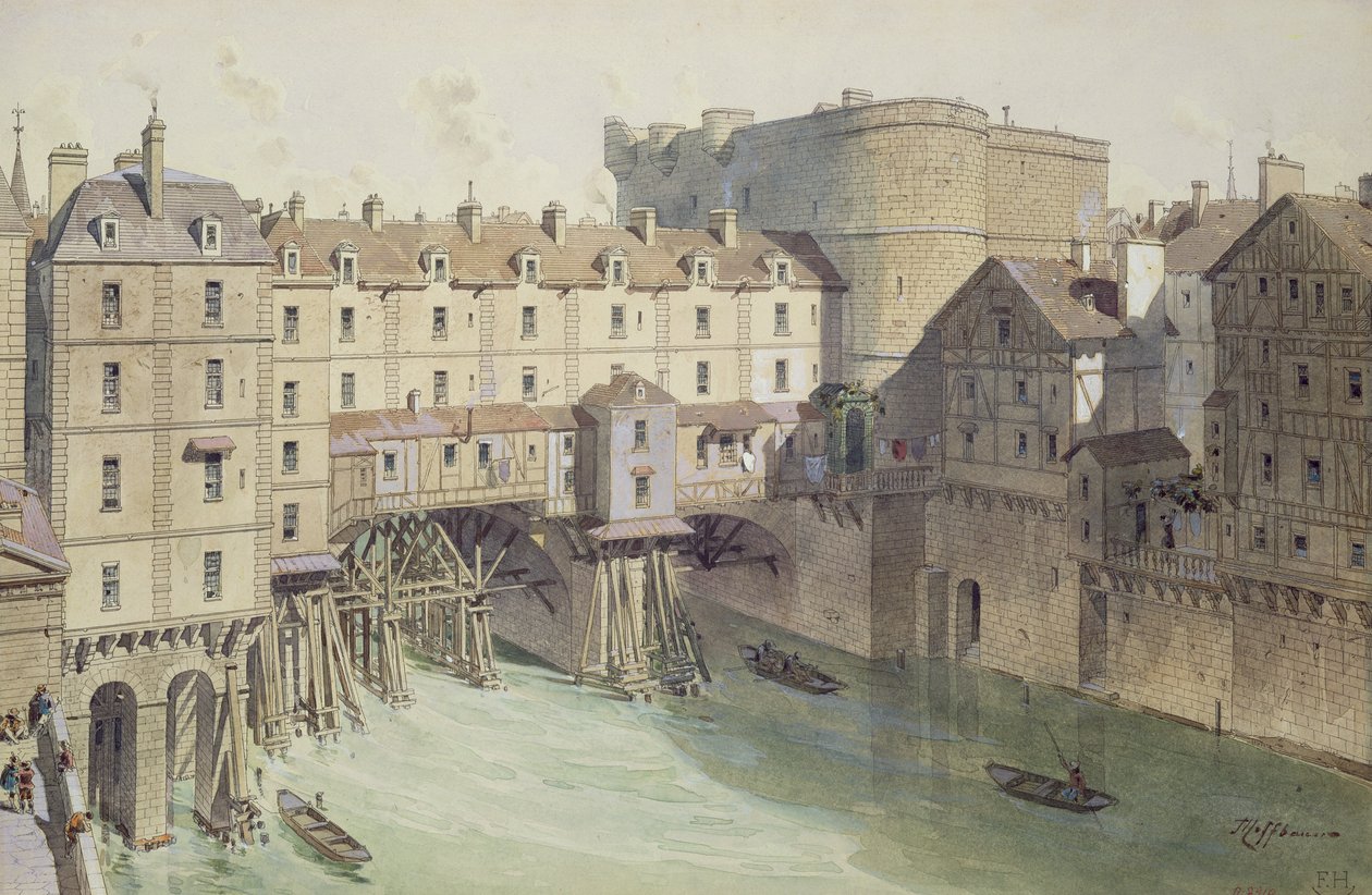 Widok Petit Chatelet i Petit Pont w 1717 roku, ilustracja z „Paryża przez wieki” wyryta przez Philippe