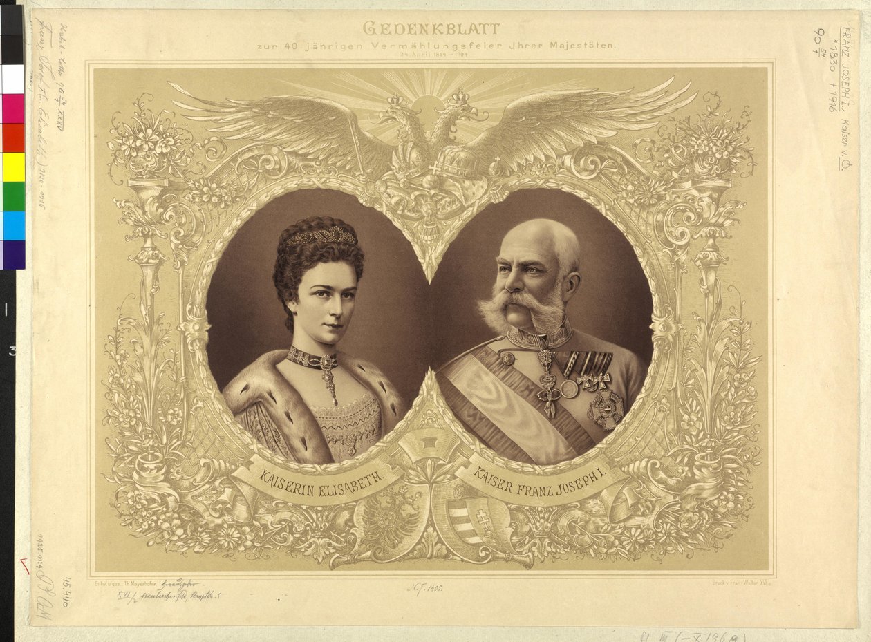 Cesarz Austrii z rodziną Papier pamiątkowy z 40-letniej ceremonii ślubnej Jej Królewskiej Mości 24. Kwiecień 1854 1894 autorstwa Theodor Mayerhofer
