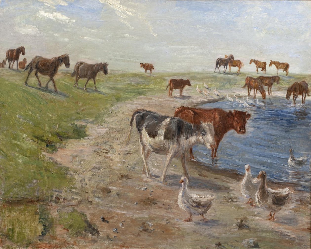 Cielęta i gęsi w wodopoju na wyspie Saltholm autorstwa Theodor Philipsen