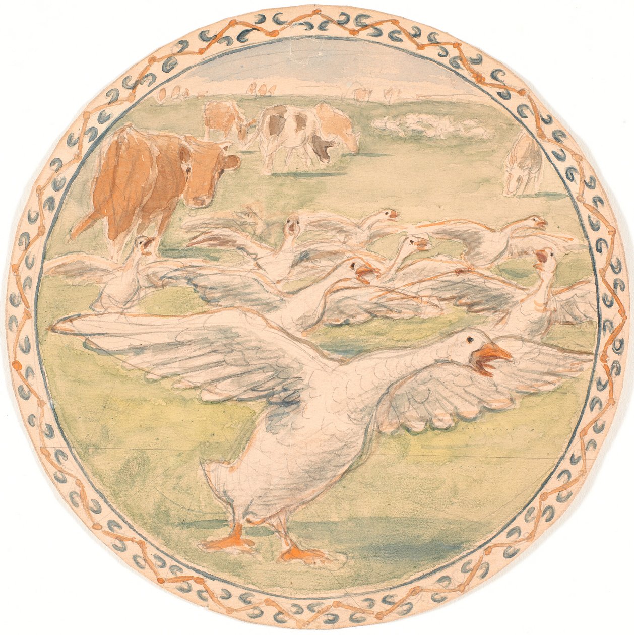 Pasące się krowy i skrzeczące gęsi (pociąg na naczynie ceramiczne) autorstwa Theodor Philipsen