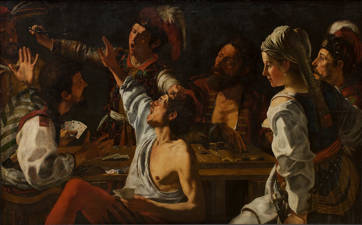 Gracze w karty i tryktrak. Walka o karty, c. 1620-30 (olej na płótnie) autorstwa Theodor Rombouts