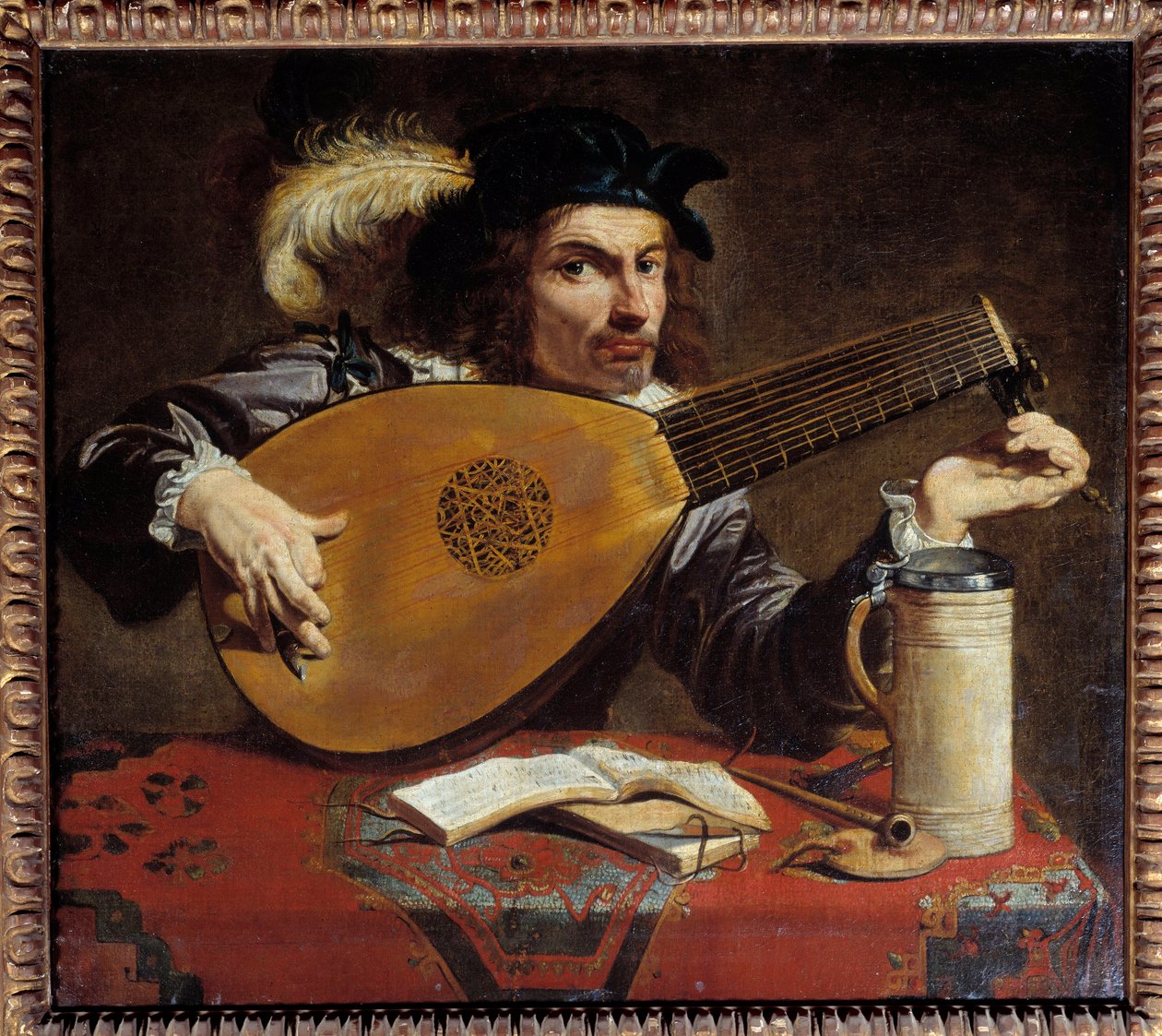 Człowiek stroi swoją lutnię. Obraz Theodore Rombouts (1597 - 1637) Ec. Bujda. autorstwa Theodor Rombouts