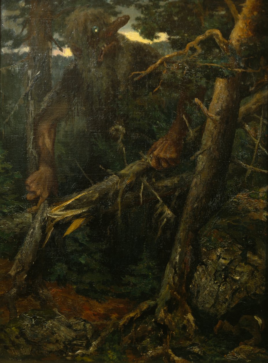Stary troll łamiący drzewa w lesie autorstwa Theodor Kittelsen