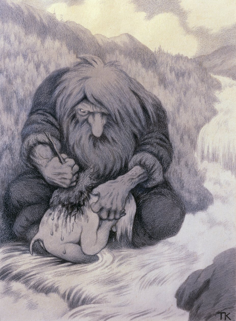 Troll myjący swoje dziecko autorstwa Theodor Kittelsen