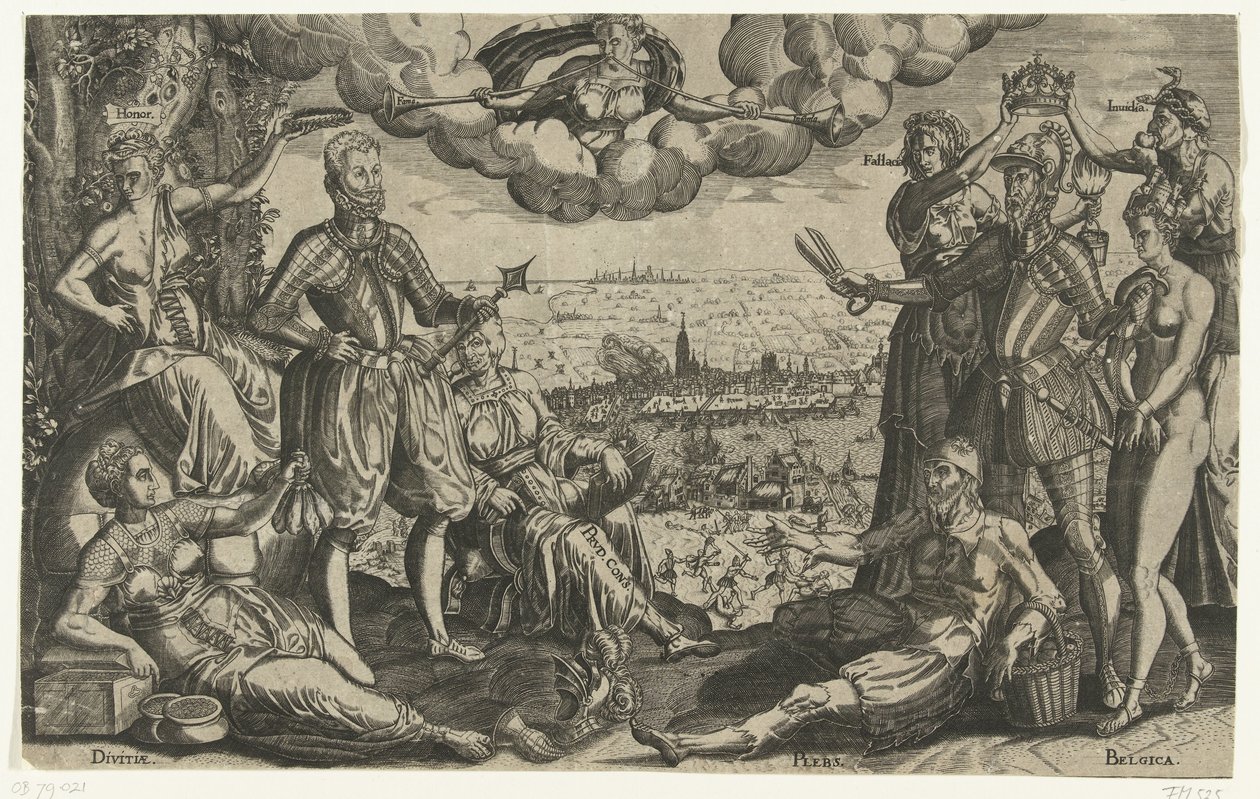 Porównanie Oranje i Alvy z Hiszpańską Furią w tle, ok. 1577 autorstwa Theodor de Bry (attributed to)