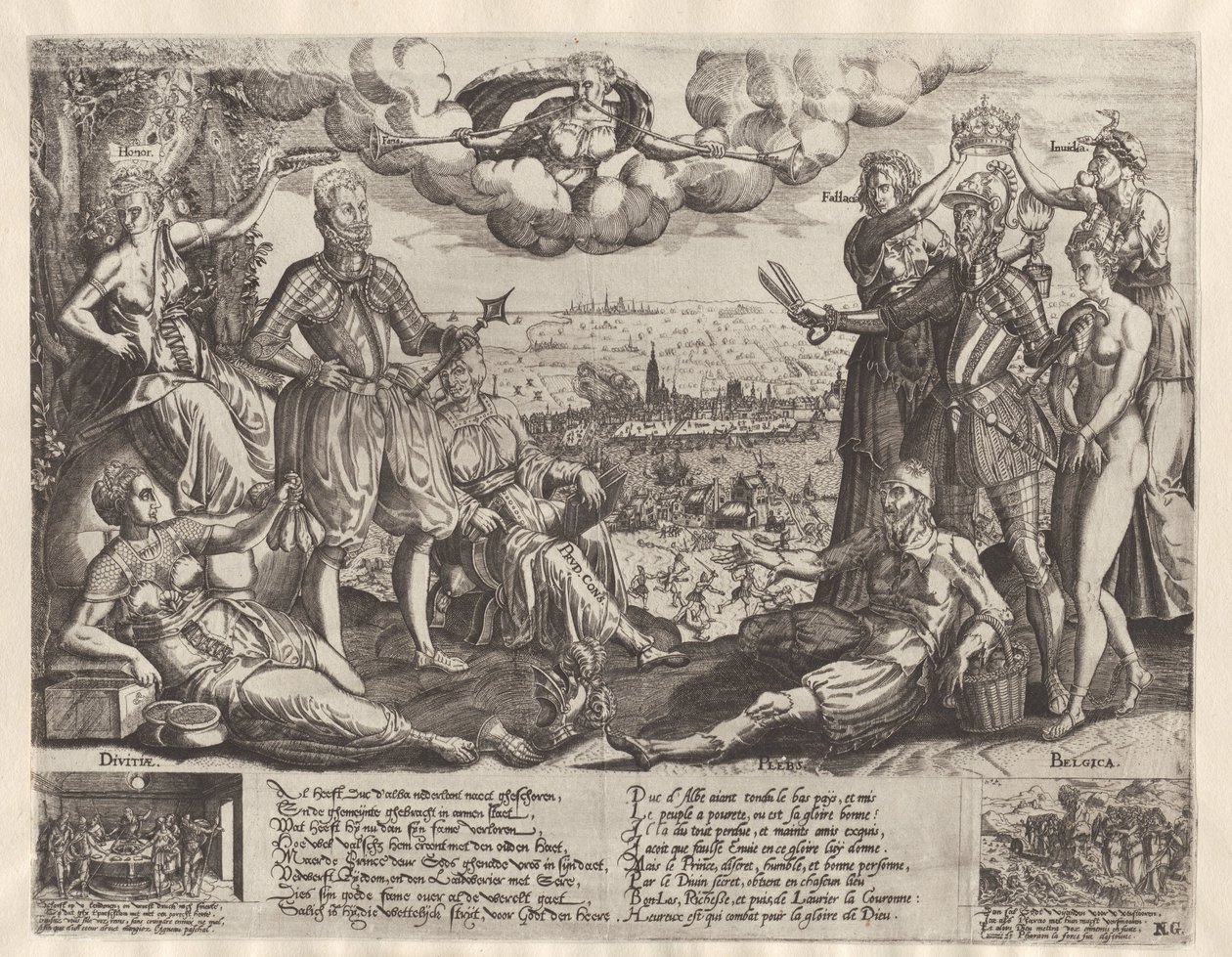 Porównanie Oranje i Alvy z Hiszpańską Furią w tle, ok. 1577 autorstwa Theodor de Bry (attributed to)