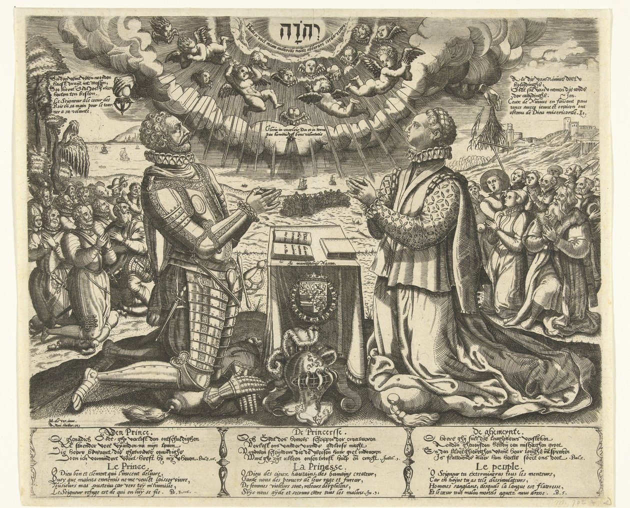 William of Orange i Charlotte of Bourbon klęczą w krajobrazie autorstwa Theodor de Bry (attributed to)